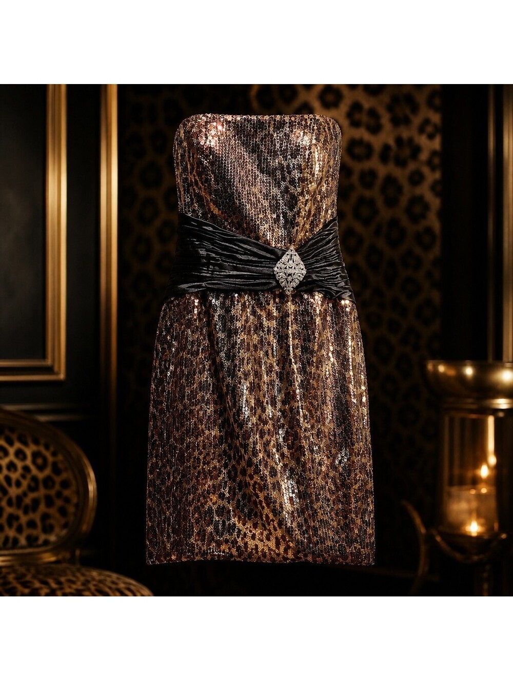 Vintage Y2K Riva Leopard Sequin Strapless Short Party Homecoming Dress Sz 2 4037